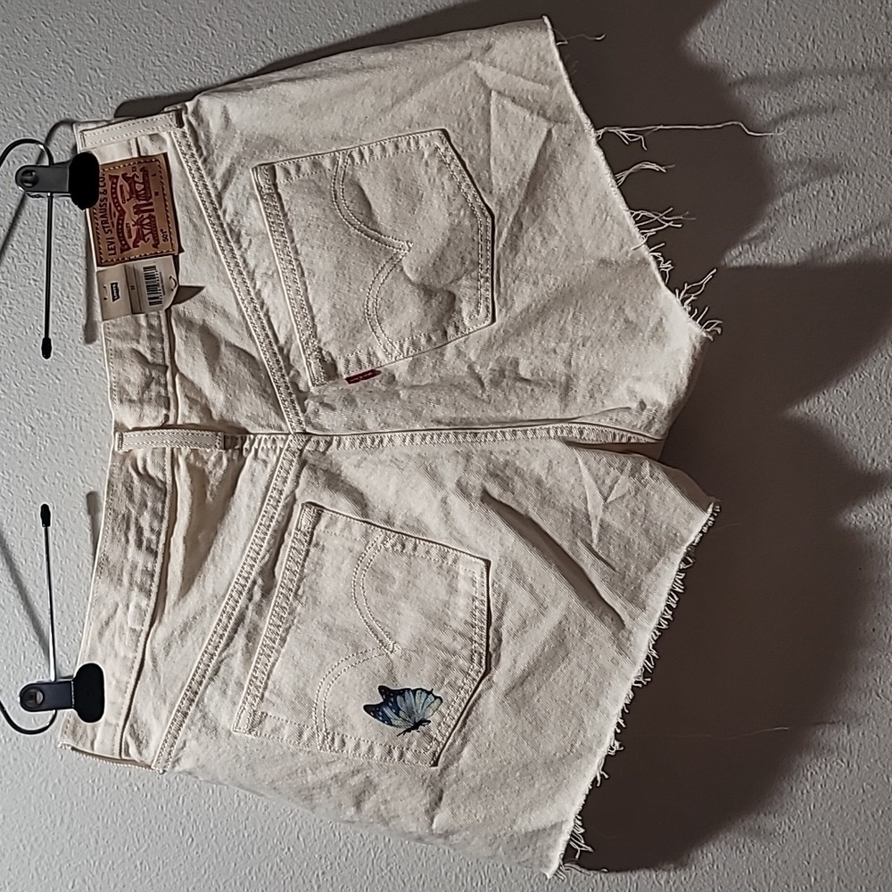 LEVI 501 Cream Butterfly Jean Shorts High Rise Cut Off Bohemian Cottagecore W33
